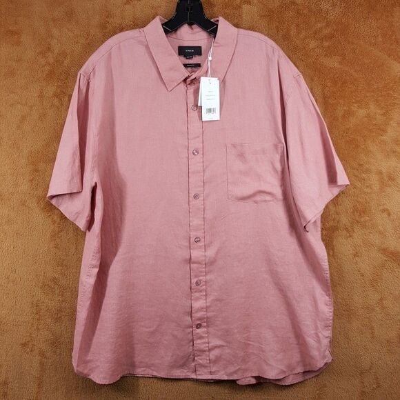 VINCE Shirt Mens XXL Dusty Red Button Up Short Sleeve 100% Linen Pink $195 - Picture 1 of 9